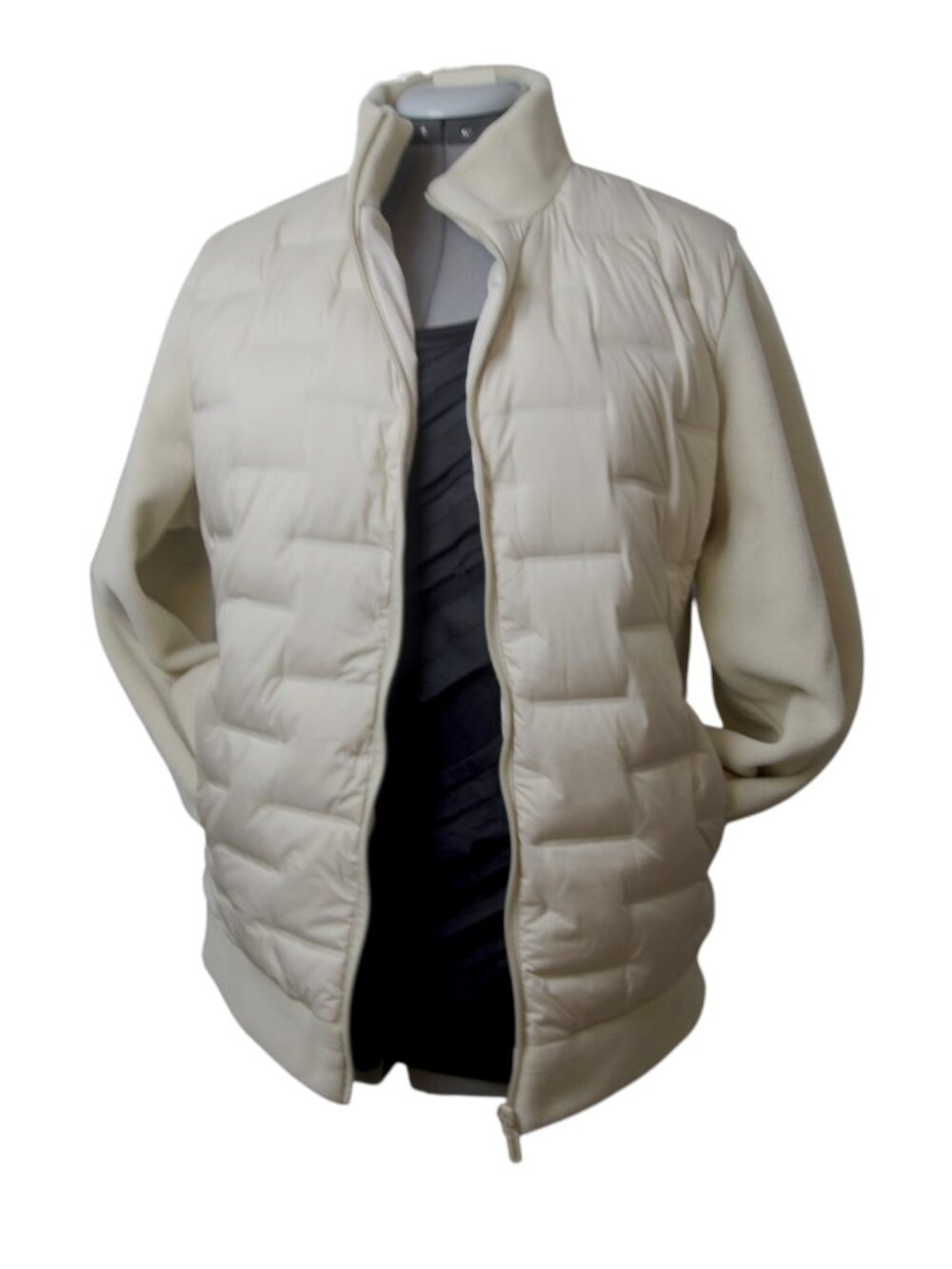 Cream Down Puffer Fleece Jacket L Lightweight Quilted Full Zip Pockets